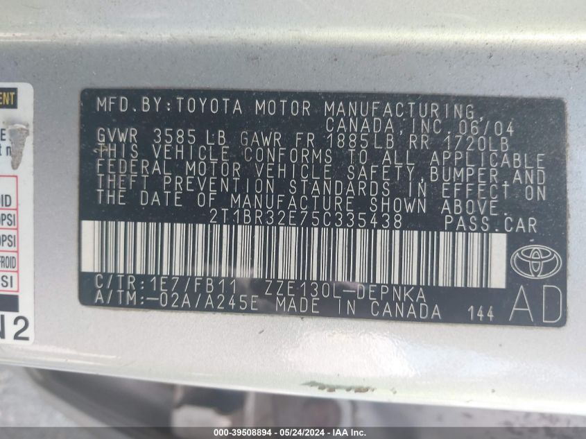 2005 Toyota Corolla Le VIN: 2T1BR32E75C335438 Lot: 39508894