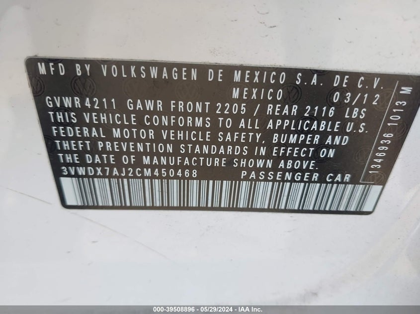2012 Volkswagen Jetta 2.5L Se VIN: 3VWDX7AJ2CM450468 Lot: 39508896