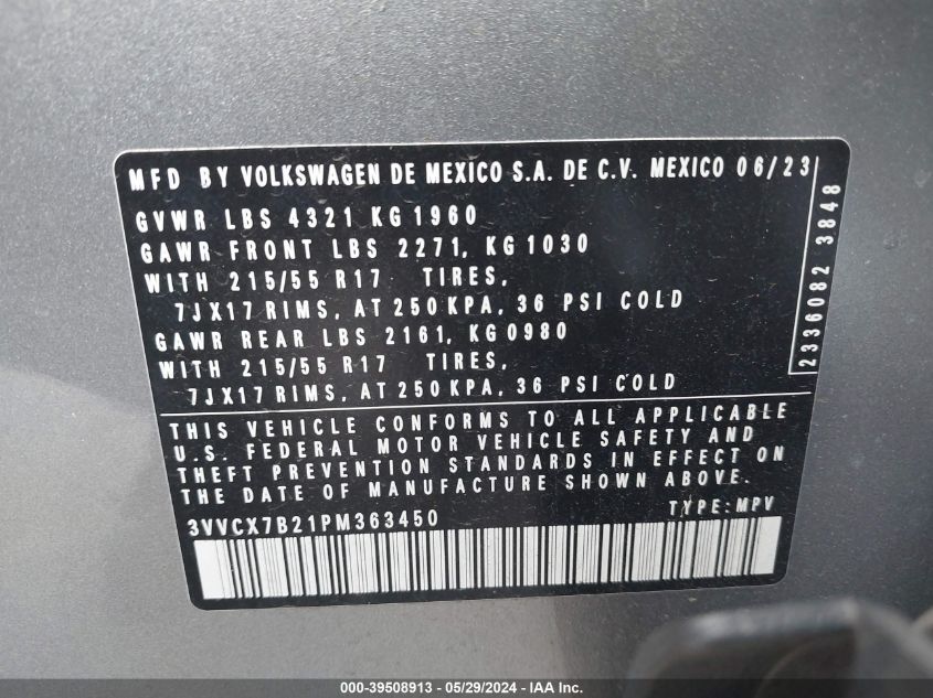 3VVCX7B21PM363450 2023 Volkswagen Taos 1.5T S