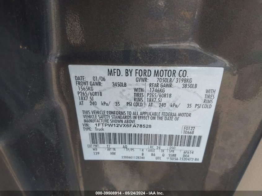 2006 Ford F-150 Lariat/Xlt VIN: 1FTPW12VX6FA78528 Lot: 39508914