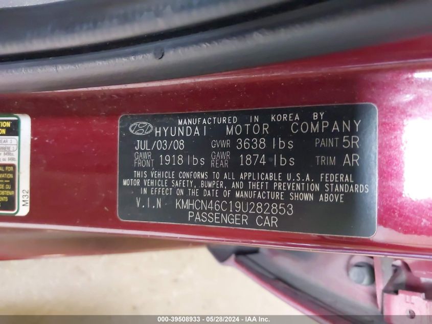 2009 Hyundai Accent Gls VIN: KMHCN46C19U282853 Lot: 39508933