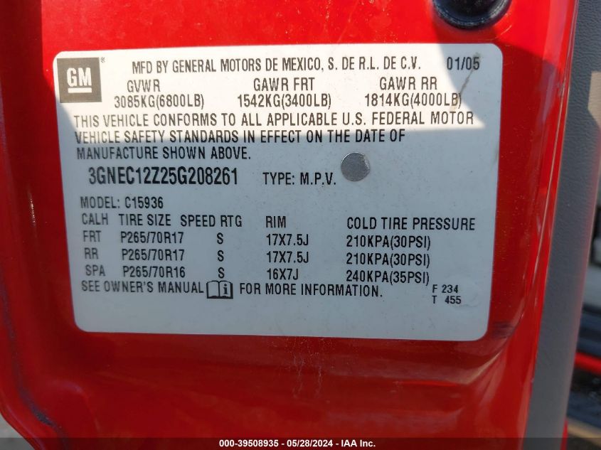 2005 Chevrolet Avalanche C1500 VIN: 3GNEC12Z25G208261 Lot: 39508935