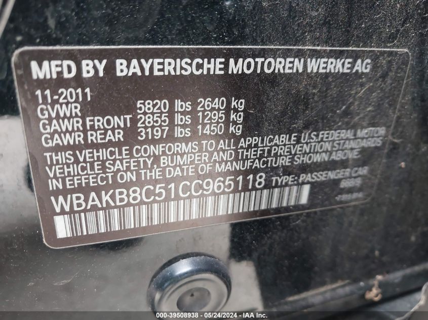 2012 BMW 750Li VIN: WBAKB8C51CC965118 Lot: 39508938