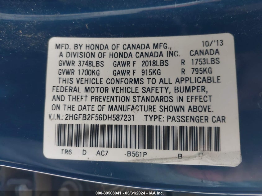 2013 Honda Civic Lx VIN: 2HGFB2F56DH587231 Lot: 39508941