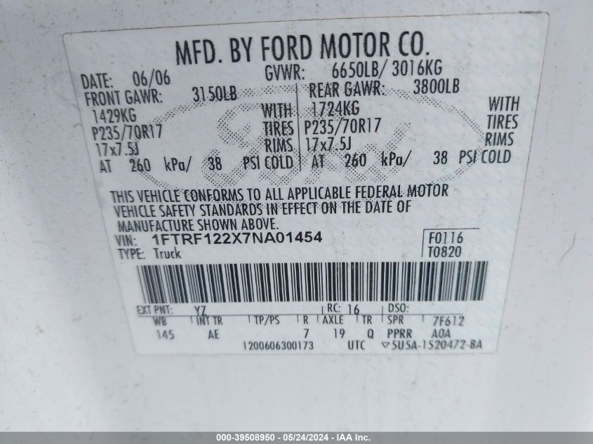 2007 Ford F-150 Stx/Xl/Xlt VIN: 1FTRF122X7NA01454 Lot: 39508950