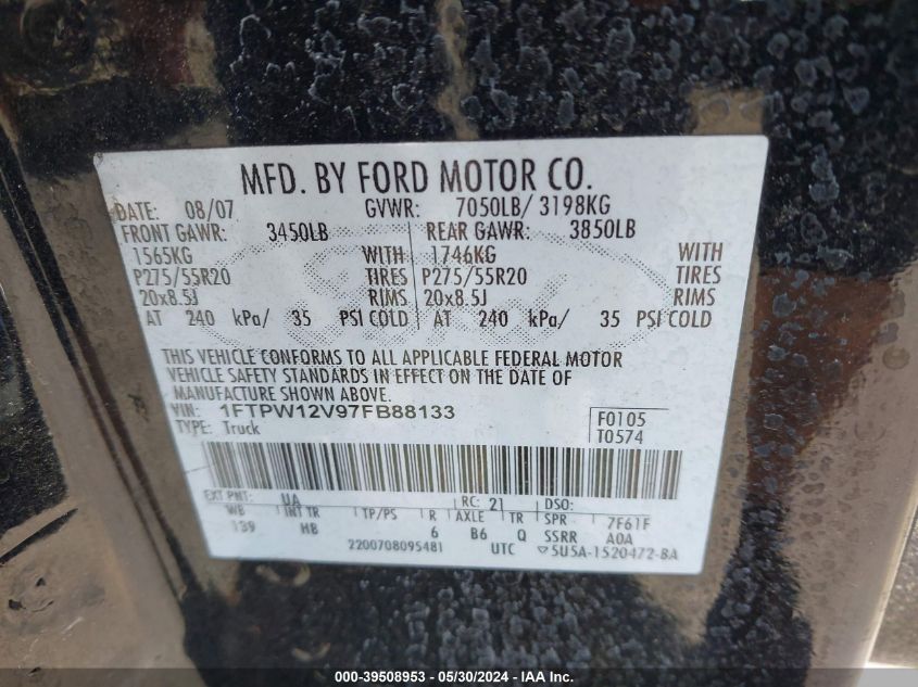 2007 Ford F-150 Lariat/Xlt VIN: 1FTPW12V97FB88133 Lot: 39508953