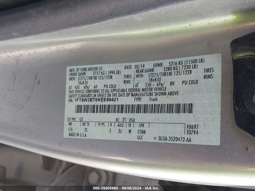 2019 Ford F-350 Xlt VIN: 1FT8W3BT6KEE66421 Lot: 39508960