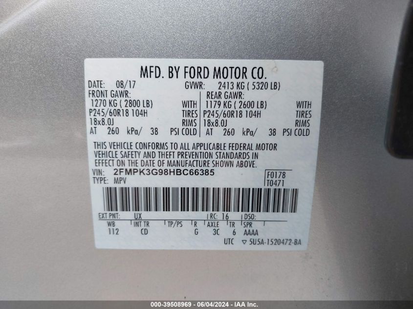 2017 Ford Edge Se VIN: 2FMPK3G98HBC66385 Lot: 39508969