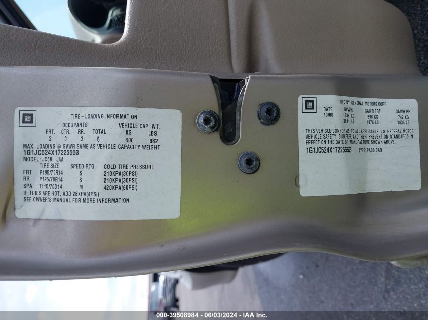 2001 Chevrolet Cavalier VIN: 1G1JC524X17225553 Lot: 39508984