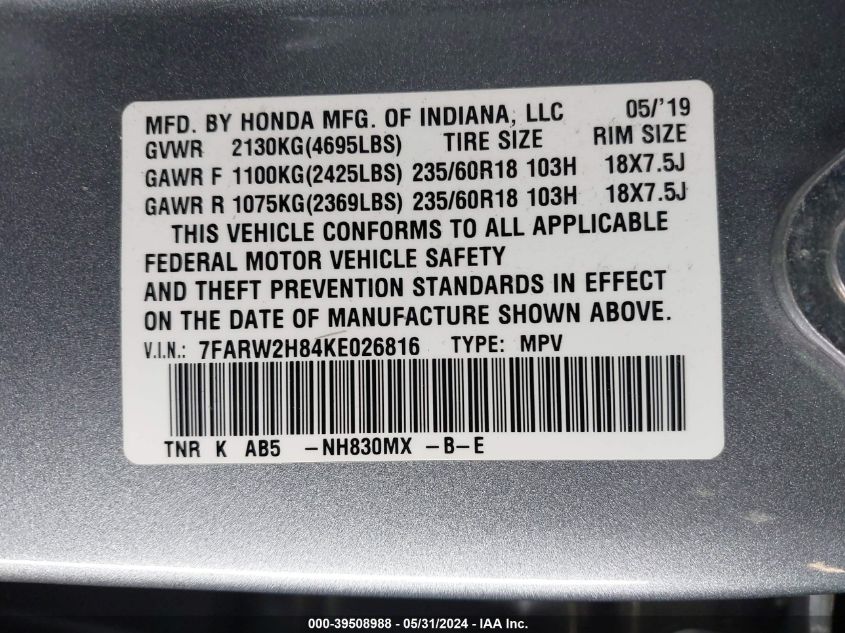 7FARW2H84KE026816 2019 Honda Cr-V Ex-L