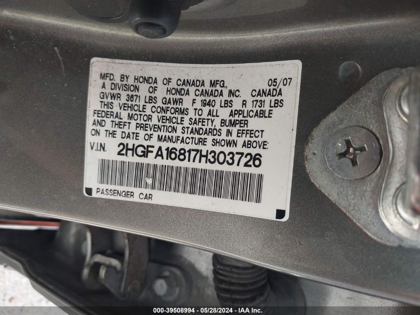 2007 Honda Civic Ex VIN: 2HGFA16817H303726 Lot: 39508994