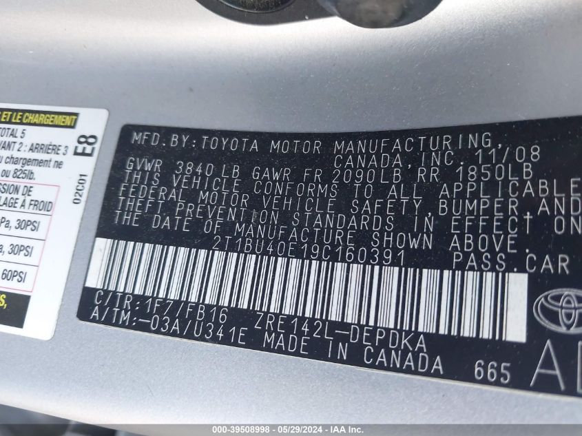 2009 Toyota Corolla Le VIN: 2T1BU40E19C160391 Lot: 39508998