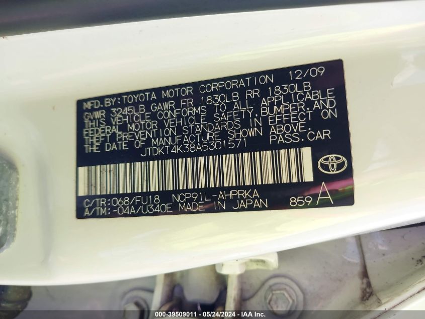 2010 Toyota Yaris VIN: JTDKT4K38A5301571 Lot: 39509011