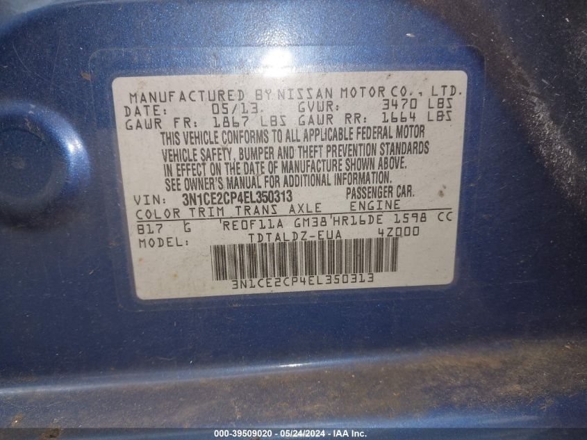 2014 Nissan Versa Note Sv VIN: 3N1CE2CP4EL350313 Lot: 39509020