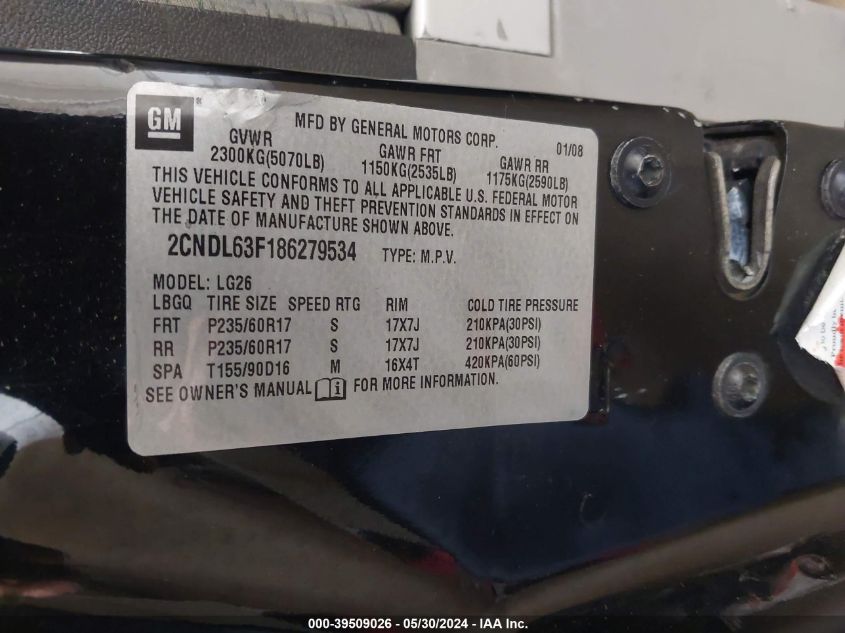 2008 Chevrolet Equinox Lt VIN: 2CNDL63F186279534 Lot: 39509026