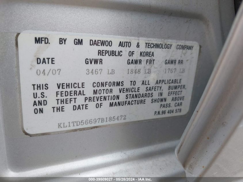 2007 Chevrolet Aveo Ls VIN: KL1TD56697B185472 Lot: 39509027