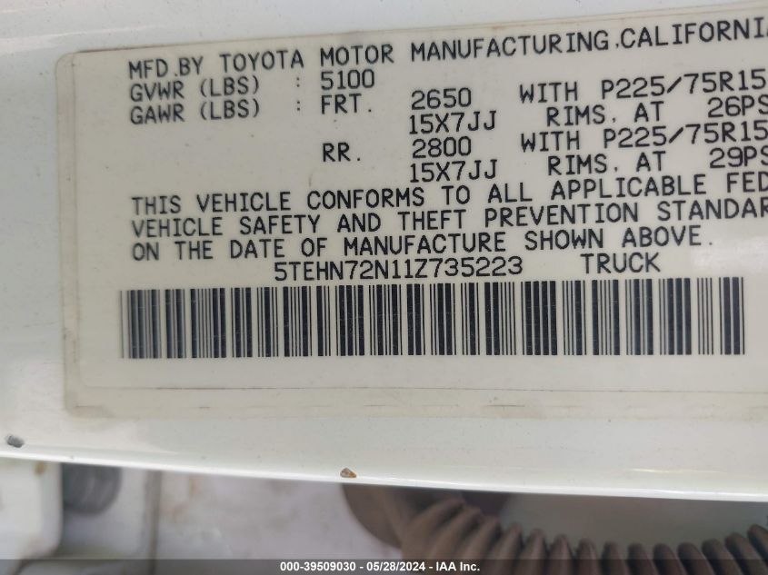 2001 Toyota Tacoma Base V6 VIN: 5TEHN72N11Z735223 Lot: 39509030