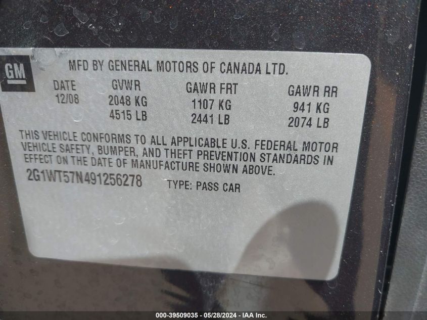 2009 Chevrolet Impala Lt VIN: 2G1WT57N491256278 Lot: 39509035