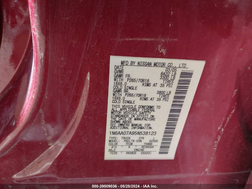 2005 Nissan Titan Se VIN: 1N6AA07A95N538123 Lot: 39509036