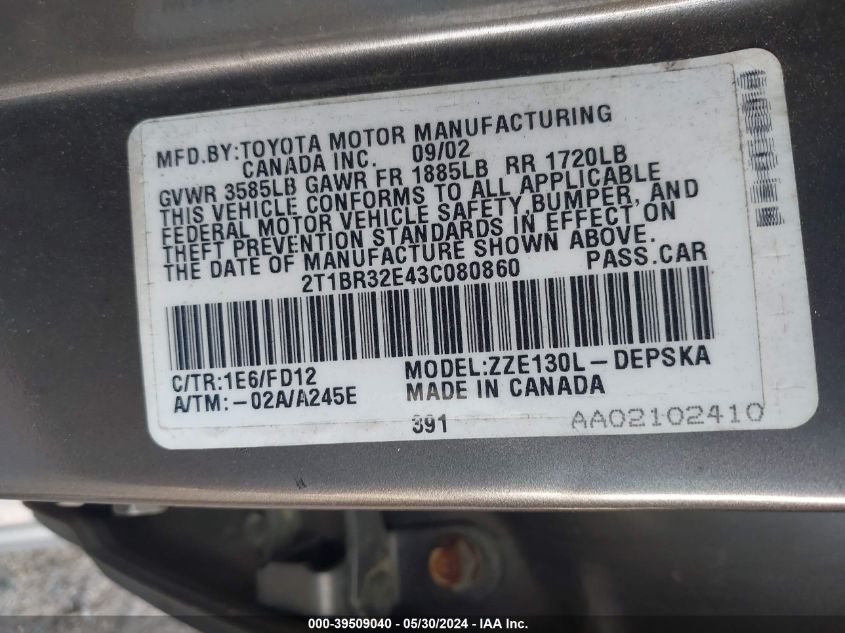 2003 Toyota Corolla S VIN: 2T1BR32E43C080860 Lot: 39509040