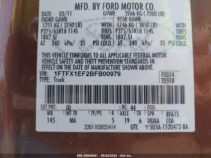 2011 Ford F-150 Xlt VIN: 1FTFX1EF2BFB00979 Lot: 39509041