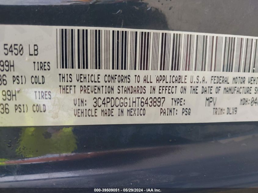 2017 Dodge Journey Crossroad Plus VIN: 3C4PDCGG1HT643897 Lot: 39509051