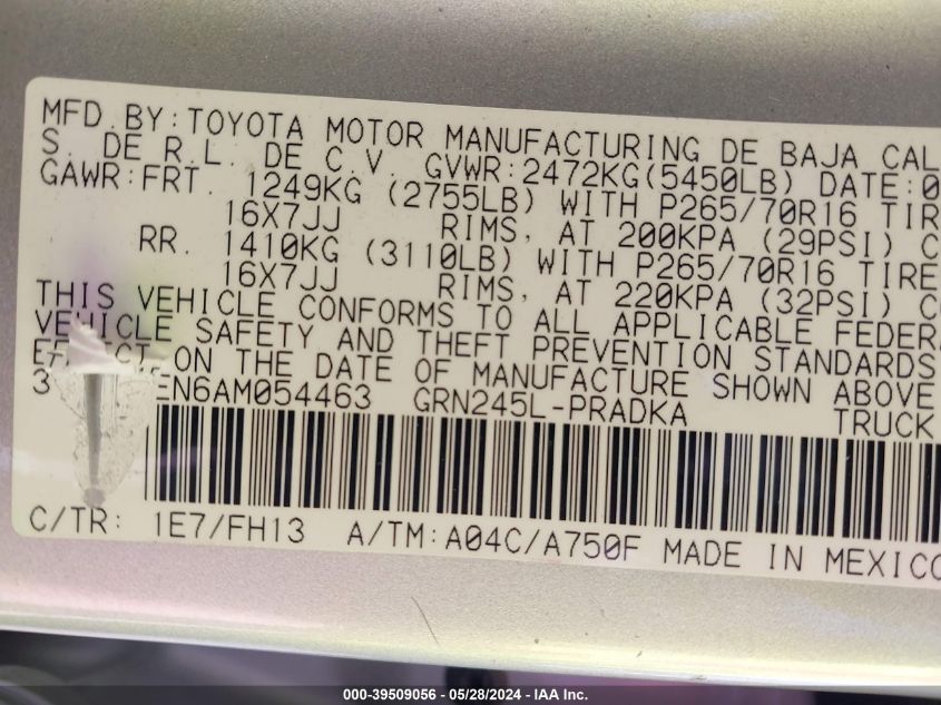 2010 Toyota Tacoma Double Cab VIN: 3TMLU4EN6AM054463 Lot: 39509056