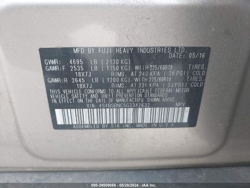 2016 Subaru Outback 2.5I Limited VIN: 4S4BSBNC5G3342632 Lot: 39509058