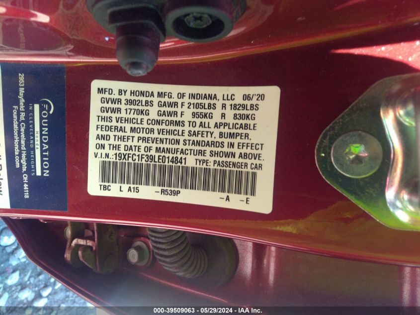 2020 Honda Civic Ex VIN: 19XFC1F39LE014841 Lot: 39509063