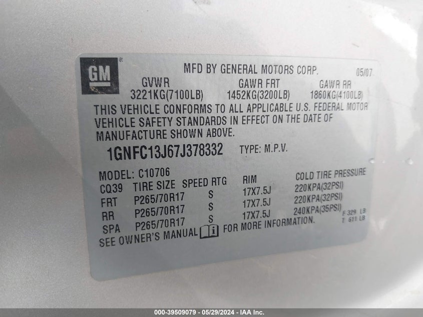 2007 Chevrolet Tahoe Lt VIN: 1GNFC13J67J378332 Lot: 39509079