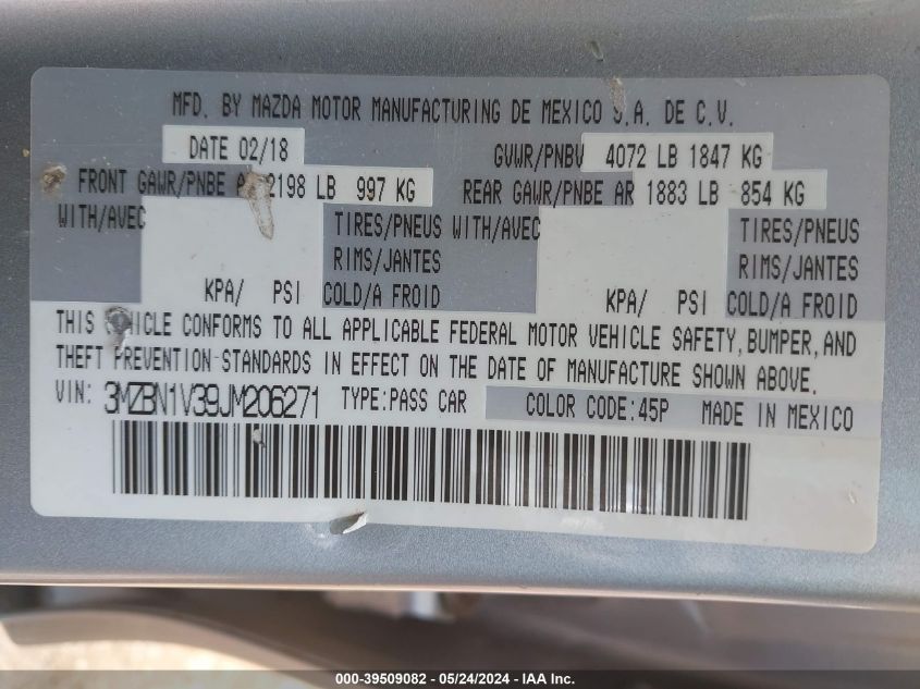 2018 Mazda Mazda3 Touring VIN: 3MZBN1V39JM206271 Lot: 39509082