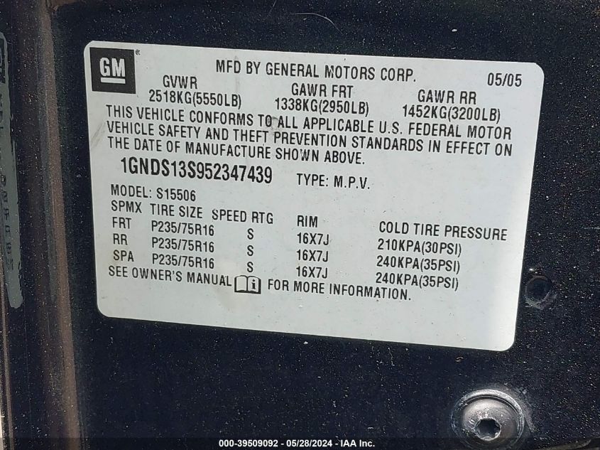 2005 Chevrolet Trailblazer Ls VIN: 1GNDS13S952347439 Lot: 39509092