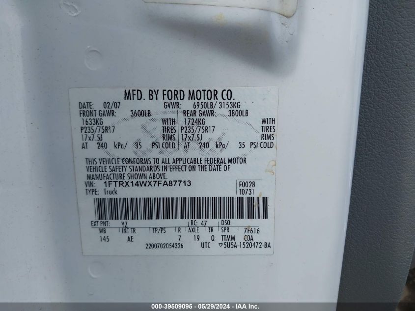 2007 Ford F-150 Fx4/Stx/Xl/Xlt VIN: 1FTRX14WX7FA87713 Lot: 39509095