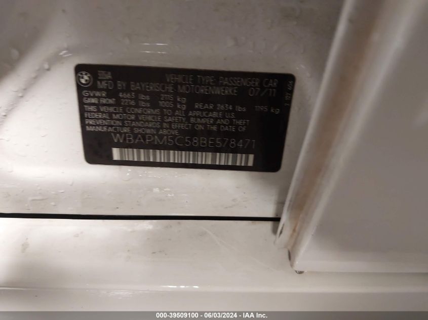2011 BMW 335I VIN: WBAPM5C58BE578471 Lot: 39509100