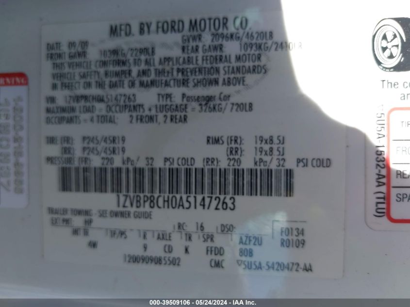 2010 Ford Mustang Gt/Gt Premium VIN: 1ZVBP8CH0A5147263 Lot: 39509106