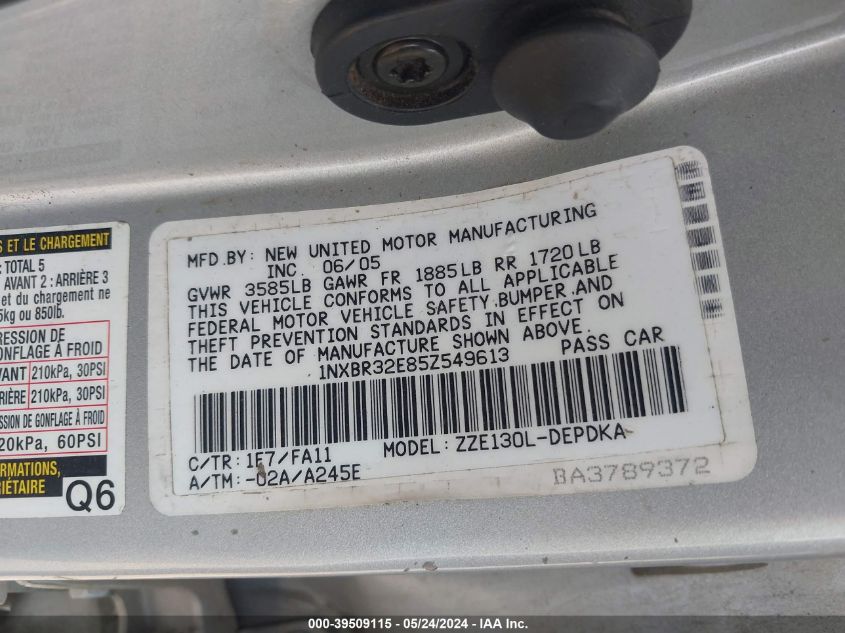 2005 Toyota Corolla Ce/Le/S VIN: 1NXBR32E85Z549613 Lot: 39509115