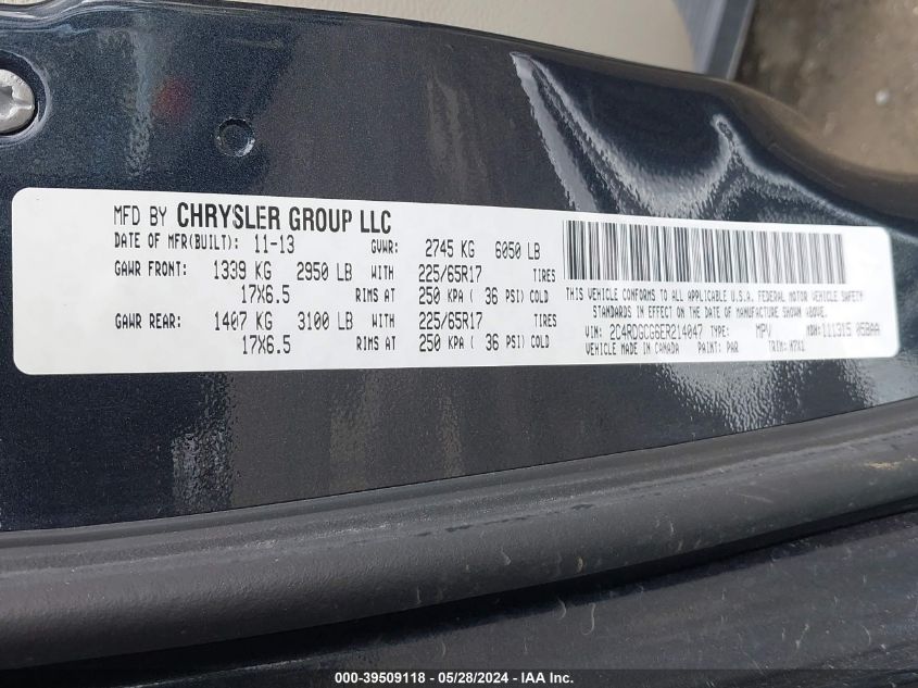 2014 Dodge Grand Caravan Sxt VIN: 2C4RDGCG6ER214047 Lot: 39509118