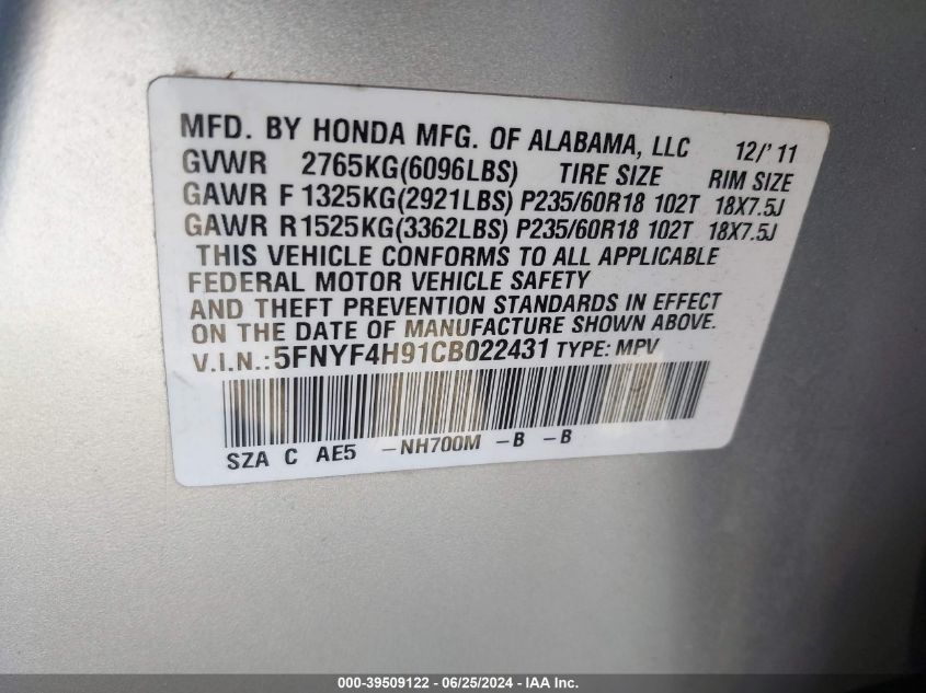 2012 Honda Pilot Touring VIN: 5FNYF4H91CB022431 Lot: 39509122