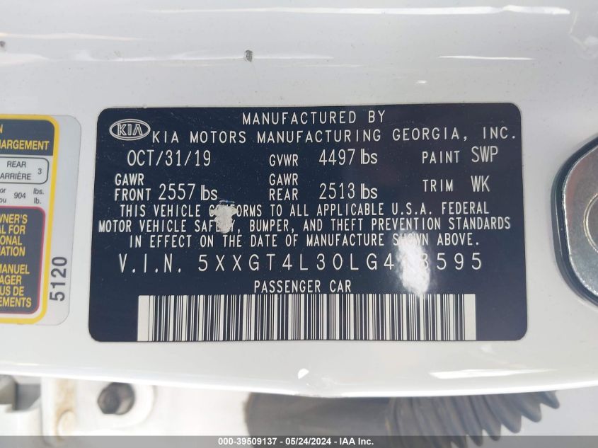 2020 Kia Optima Lx VIN: 5XXGT4L30LG418595 Lot: 39509137