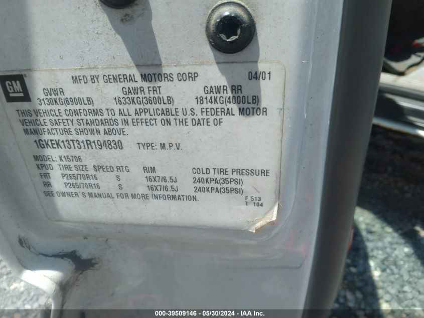 2001 GMC Yukon Sle VIN: 1GKEK13T31R194830 Lot: 39509146