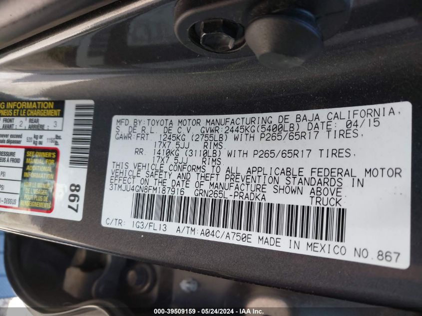 2015 Toyota Tacoma Prerunner V6 VIN: 3TMJU4GN8FM187916 Lot: 39509159