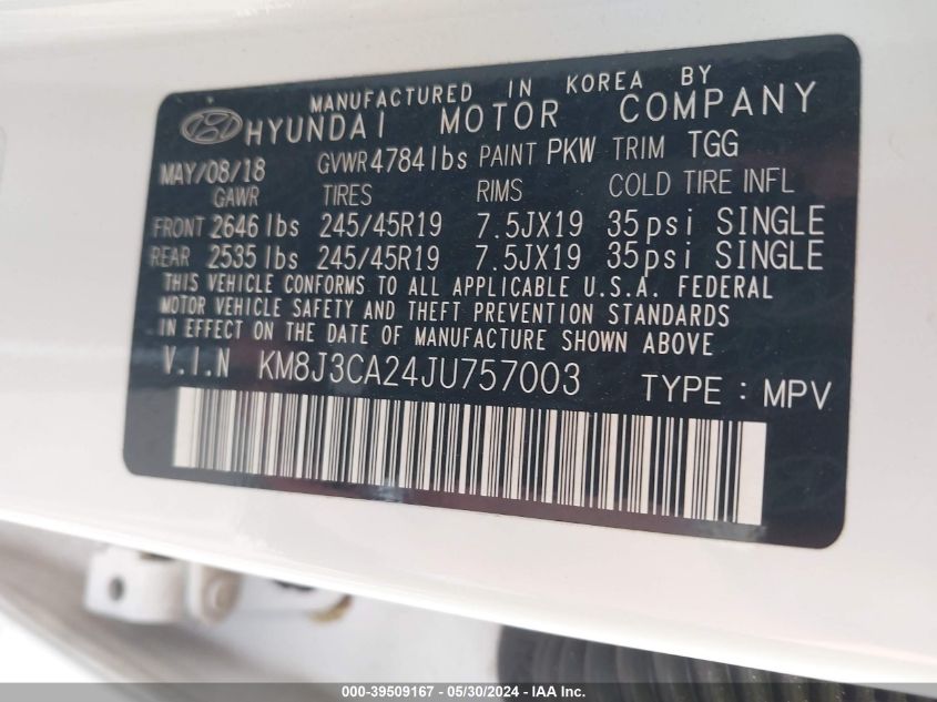 KM8J3CA24JU757003 2018 Hyundai Tucson Value