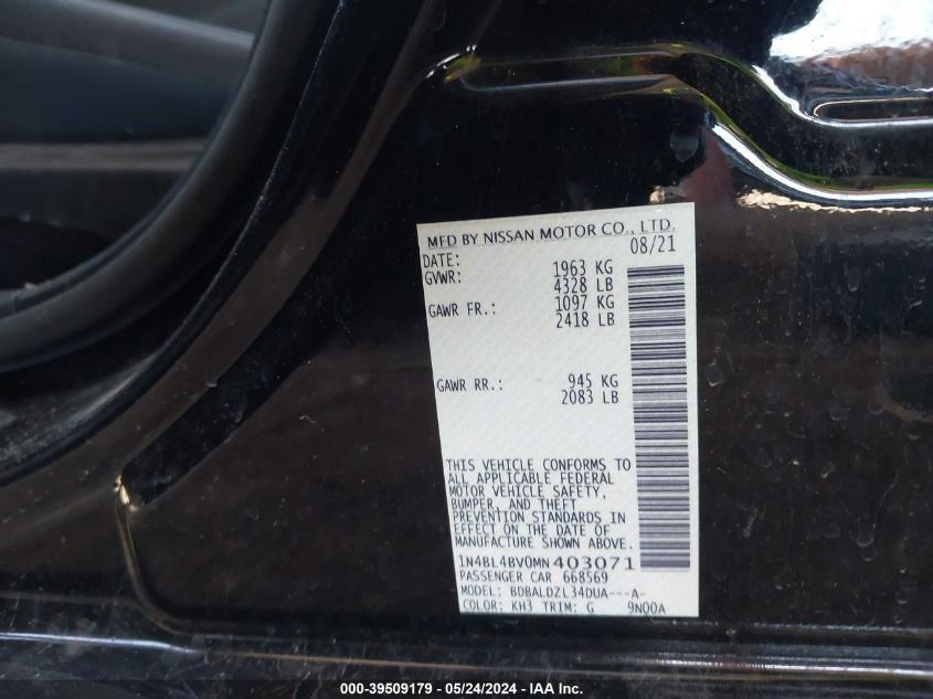 2021 Nissan Altima S Fwd VIN: 1N4BL4BV0MN403071 Lot: 39509179