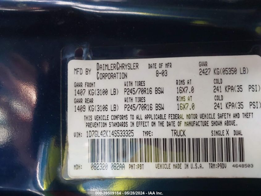 2004 Dodge Dakota Slt VIN: 1D7GL42K14S533325 Lot: 39509184