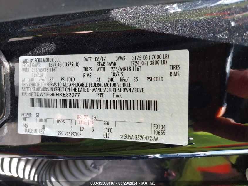 2017 Ford F-150 Xlt VIN: 1FTEW1EG9HKE33977 Lot: 39509187