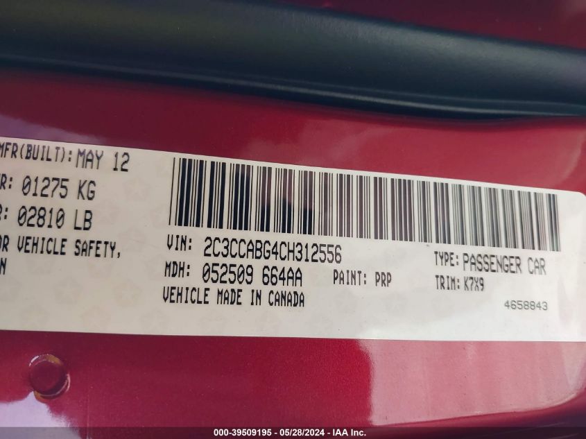 2012 Chrysler 300 S V6 VIN: 2C3CCABG4CH312556 Lot: 39509195