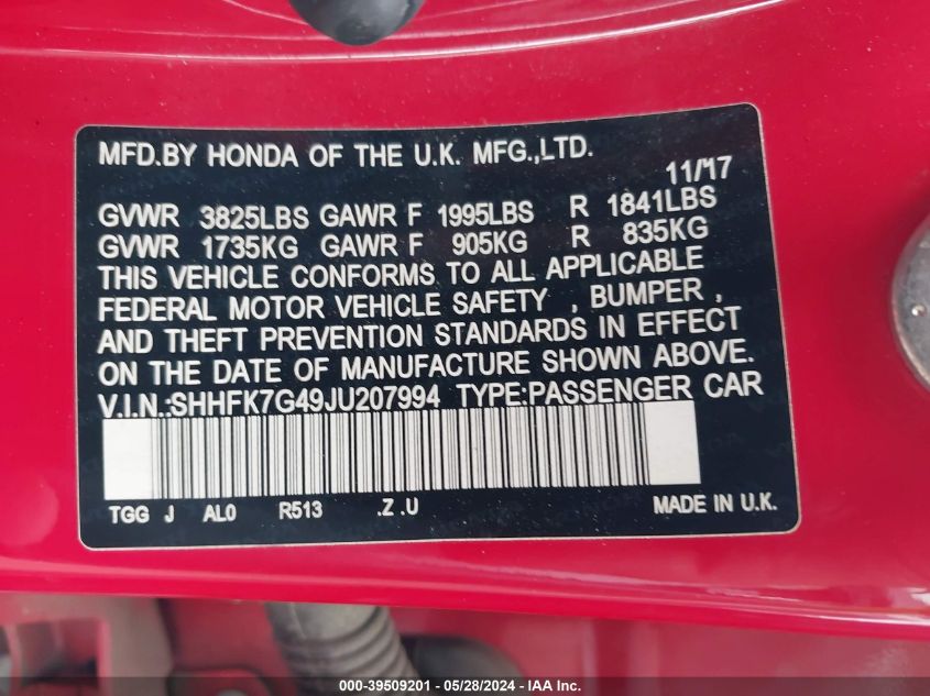 2018 Honda Civic Sport VIN: SHHFK7G49JU207994 Lot: 39509201