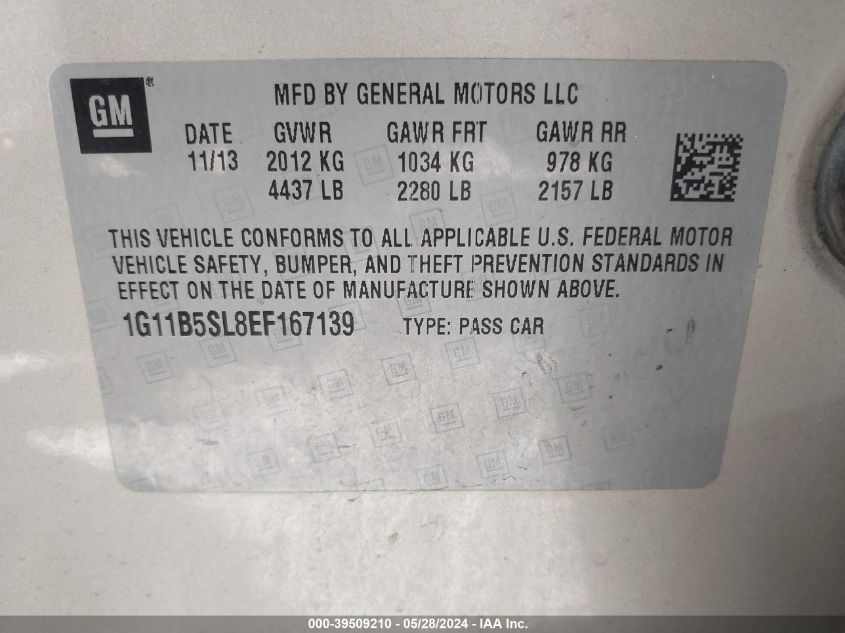 2014 Chevrolet Malibu 1Ls VIN: 1G11B5SL8EF167139 Lot: 39509210