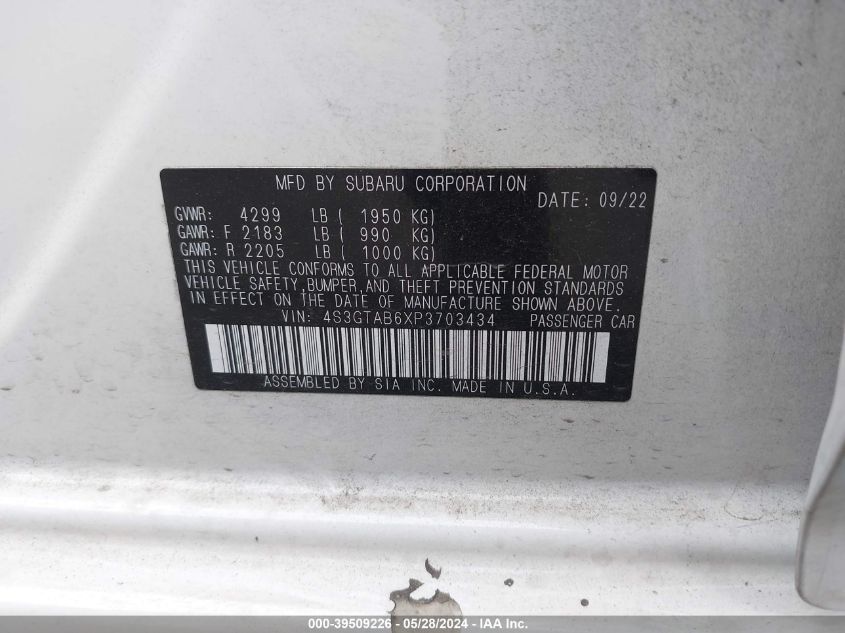 2023 Subaru Impreza Base 5-Door VIN: 4S3GTAB6XP3703434 Lot: 39509226