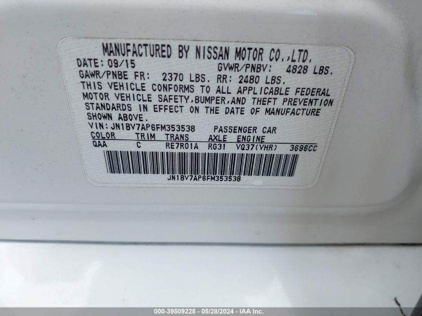 2015 Infiniti Q50 Premium VIN: JN1BV7AP6FM353538 Lot: 39509228